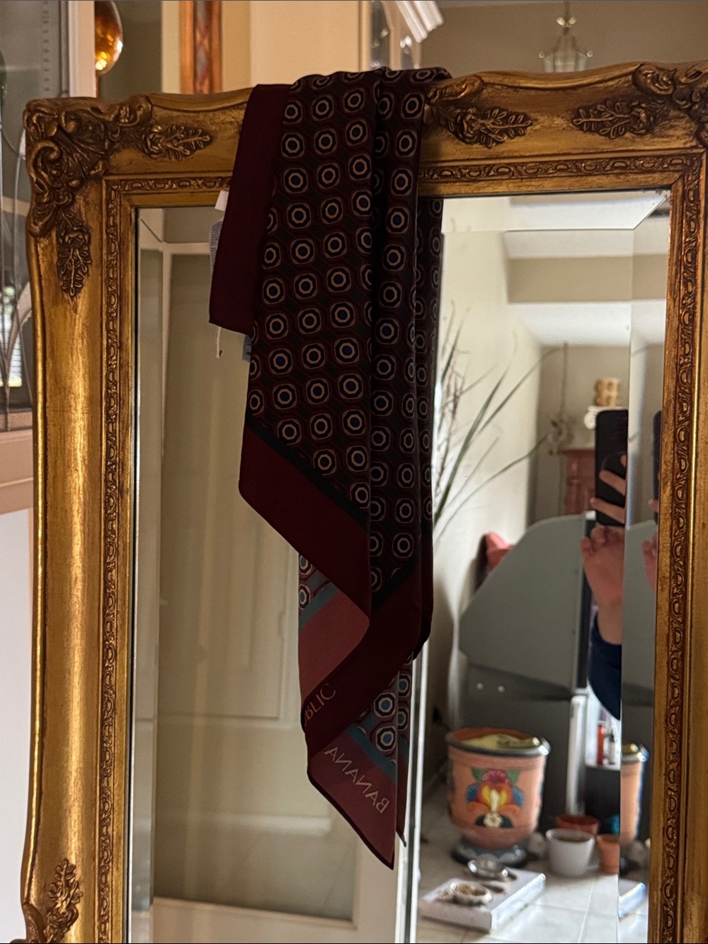 Banana Republic Burgundy and Blue Geometric Silk Scarf